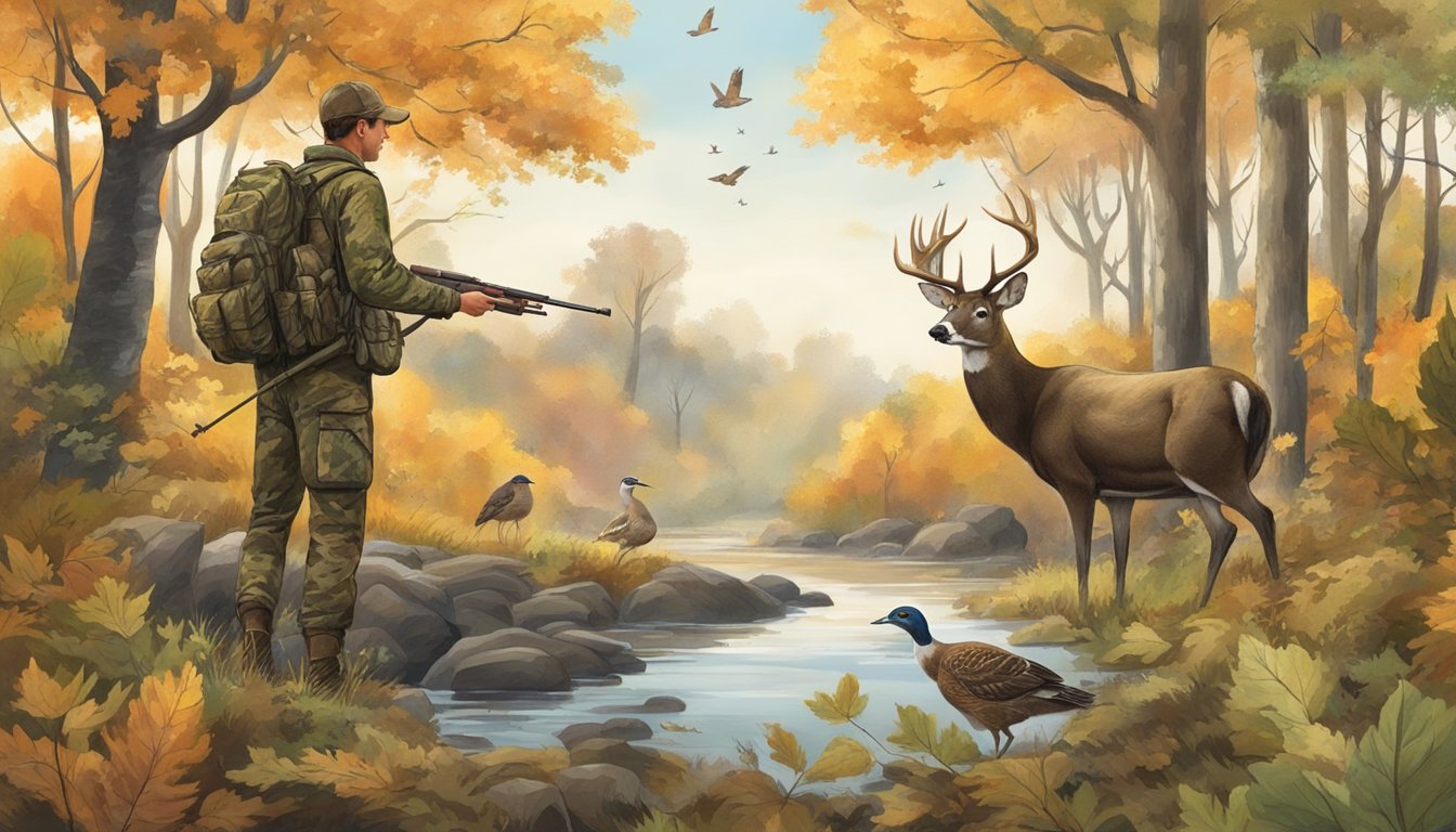 A forested landscape with changing foliage, a hunter in camouflage, and various game animals such as deer, turkey, and waterfowl