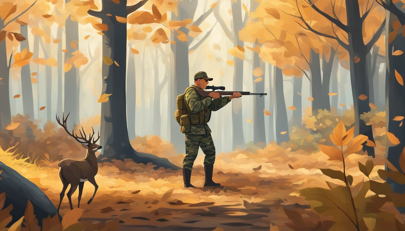 A forested landscape with a hunter in camouflage, holding a rifle, and a deer in the distance. Fallen leaves cover the ground