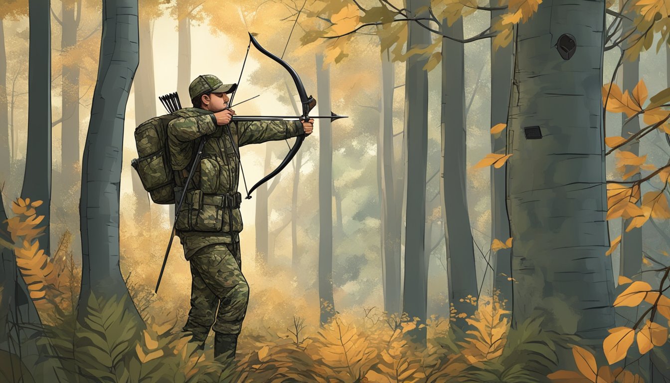 A hunter in camouflage with a bow and arrow, patiently waiting in a tree stand in a dense forest during Massachusetts hunting season