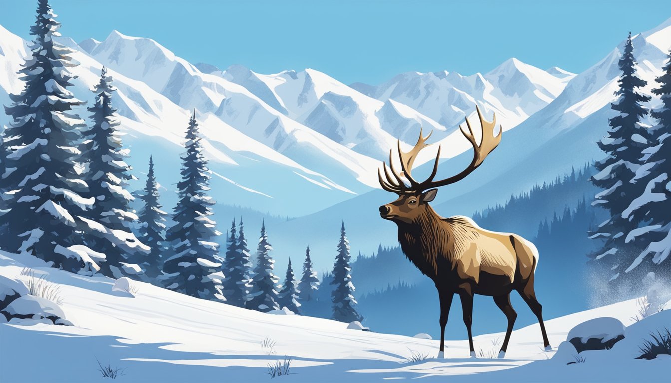 A snowy landscape with a lone elk foraging in a forest clearing, surrounded by snow-capped mountains under a clear blue sky