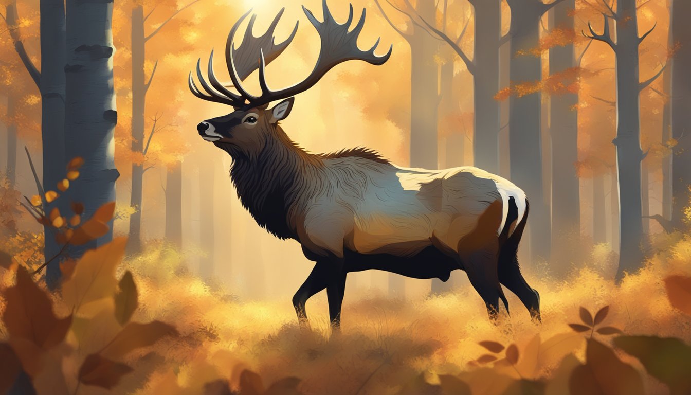 A majestic elk stands in a forest clearing, surrounded by autumn foliage and tall trees. The sunlight filters through the leaves, casting a warm glow on the scene