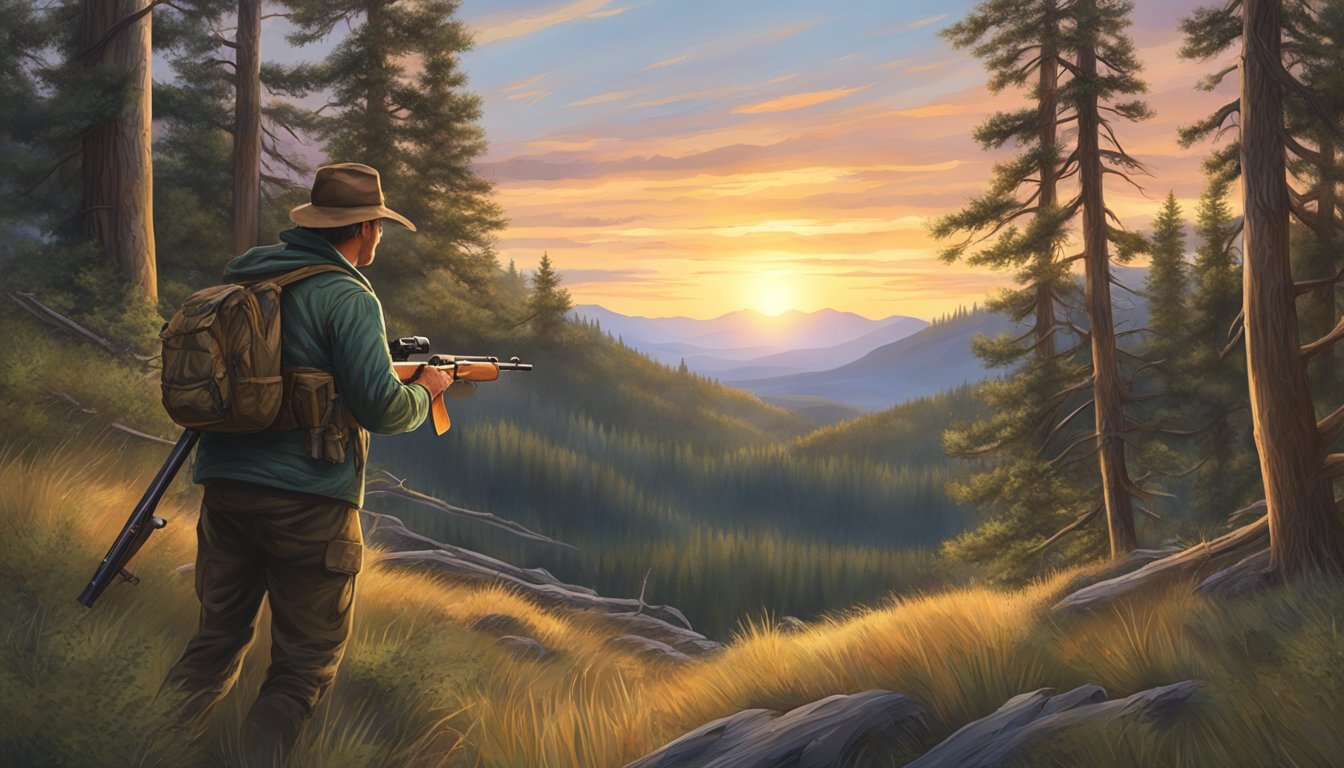 A hunter stalking through a dense forest, rifle in hand, as the sun sets over the Montana mountains