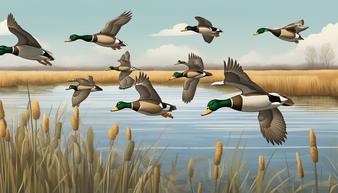 A group of ducks flying over a marsh, with cattails and waterfowl decoys below