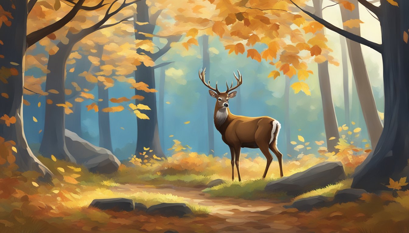 A serene forest clearing with a deer and turkey, surrounded by autumn foliage and a clear blue sky