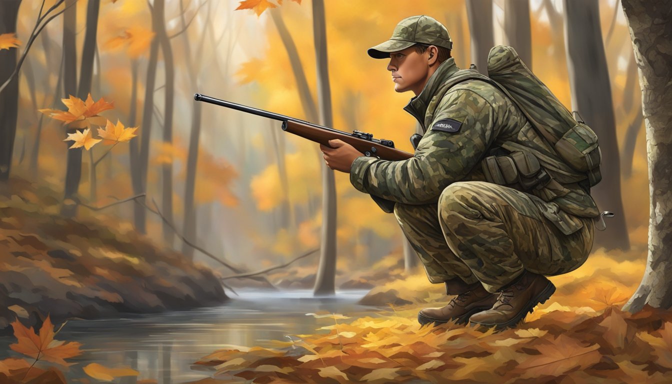 A hunter in camouflage gear quietly stalks through the dense forest, carefully scanning the surroundings for game. The autumn leaves crunch underfoot as the hunter moves with precision and respect for the wildlife