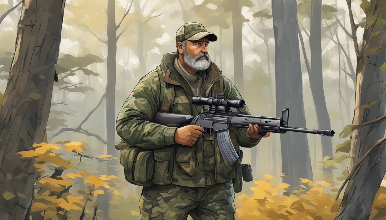 A hunter in camouflage standing in a wooded area, rifle slung over shoulder, observing wildlife