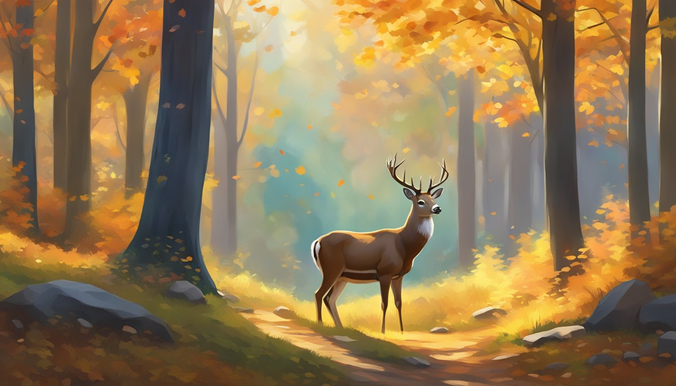 A deer peacefully grazing in a forest clearing, surrounded by vibrant fall foliage and dappled sunlight