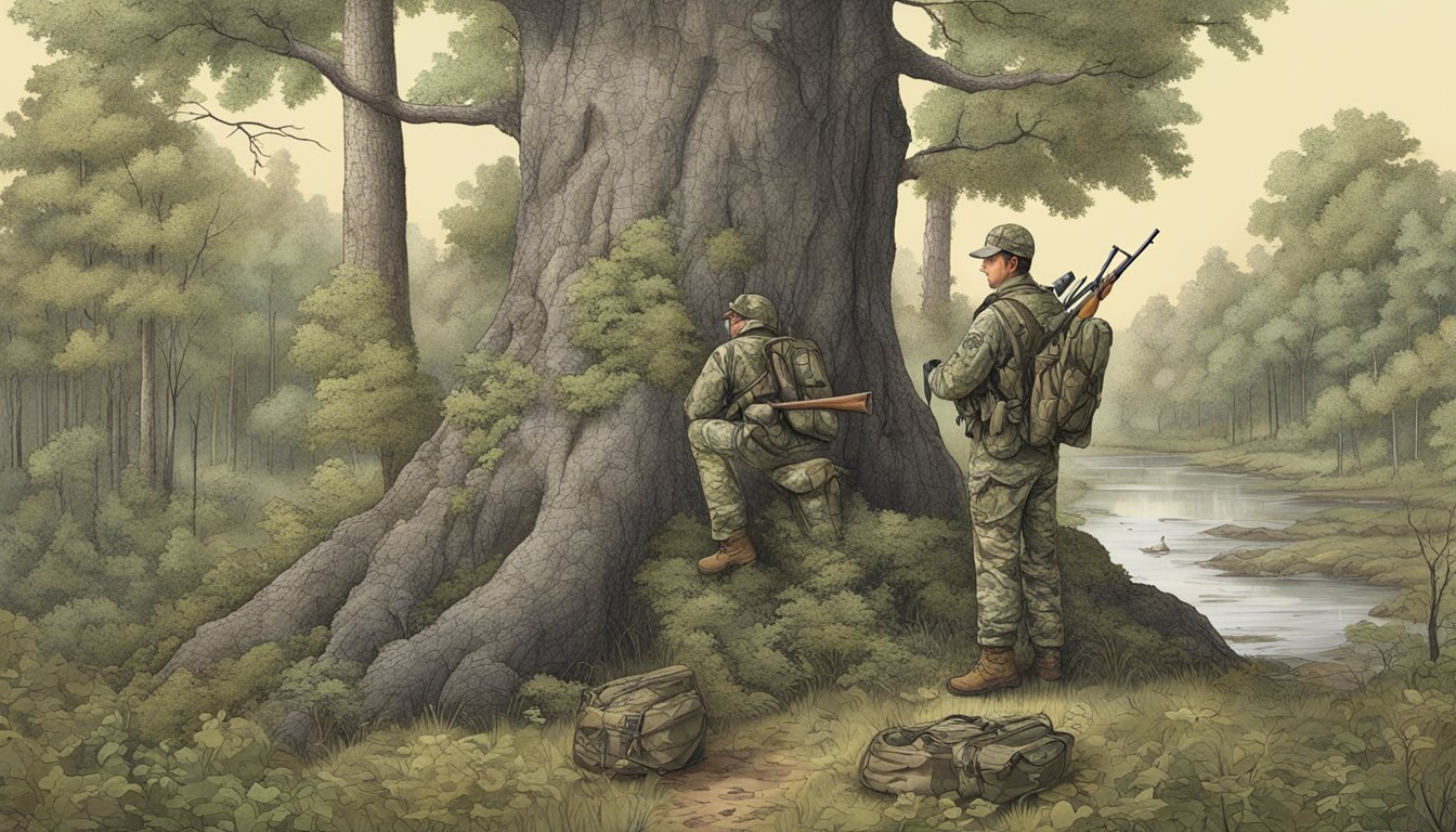 A forest clearing with hunting gear, camouflage clothing, and a map of Mississippi hunting seasons pinned to a tree