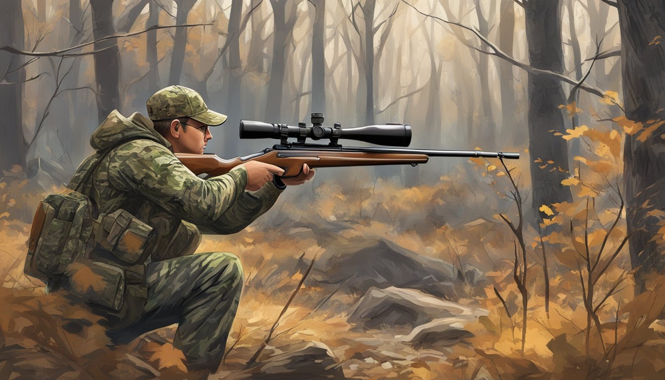 A hunter in camouflage aiming a rifle at a small game in a wooded area during hunting season in Missouri