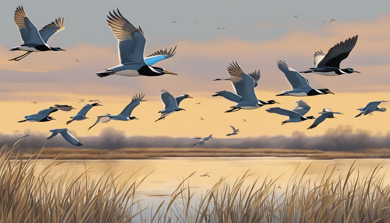 A group of migratory birds flying over a Missouri wetland during hunting season