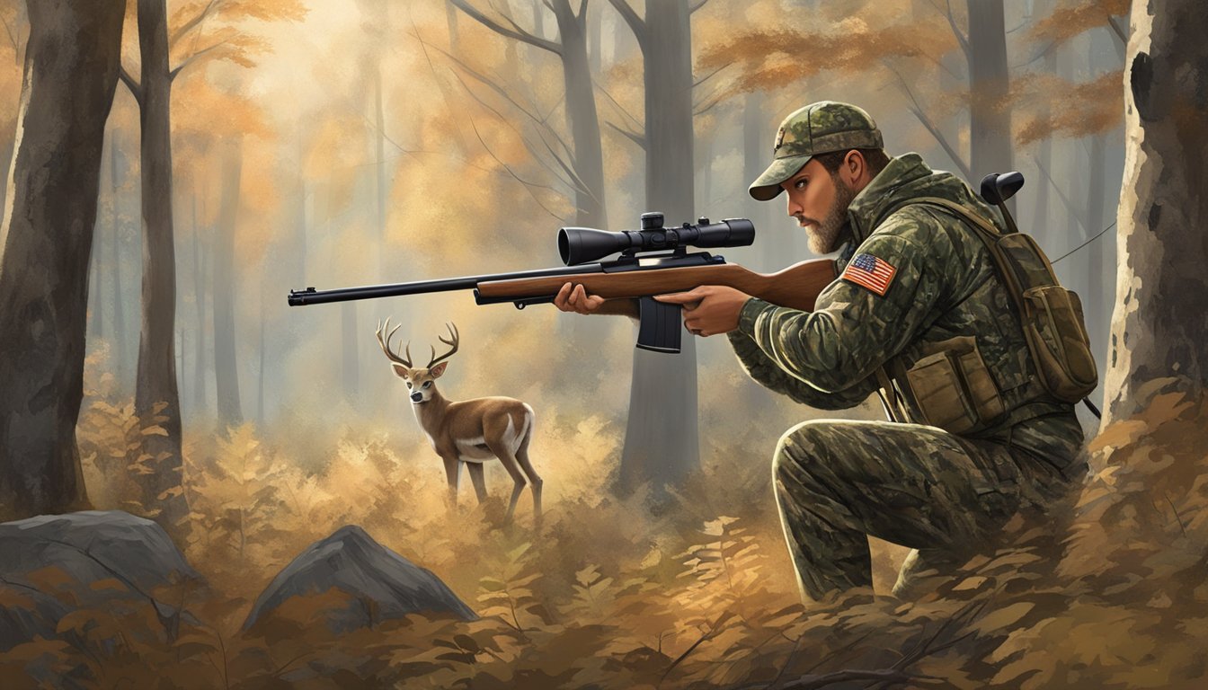 A hunter in camouflage aiming a rifle at a deer in a forest clearing during Missouri hunting season