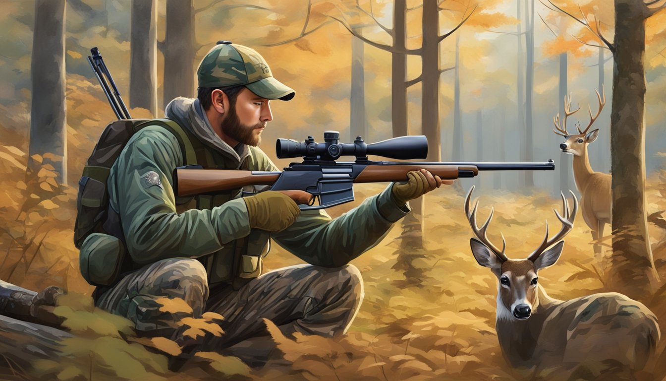 A hunter in camouflage gear aims a rifle at a deer in a forest clearing during New Hampshire hunting season