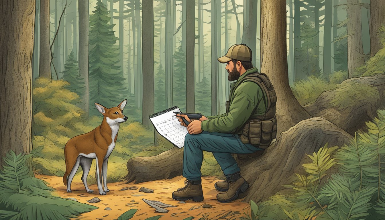 A hunter in a forest, surrounded by trees and wildlife, checking a calendar with hunting season dates and legal regulations for New Hampshire