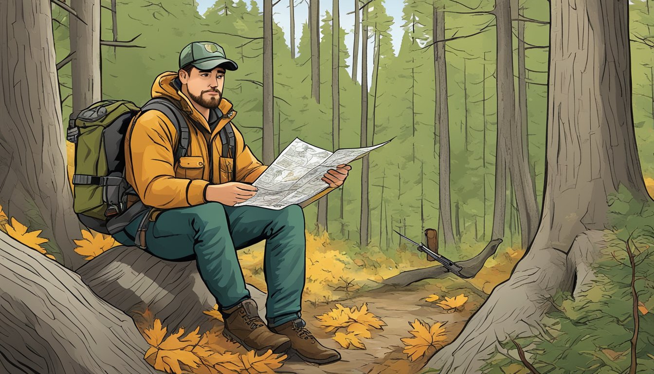 A hunter in a forest, surrounded by trees and wildlife, holding a hunting license and studying a map of New Hampshire hunting seasons