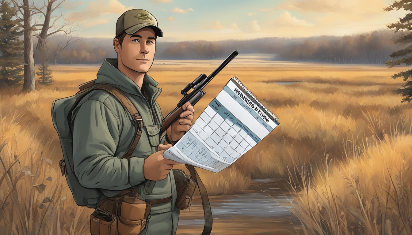 A hunter holding a valid permit and license in hand, with a calendar showing Nebraska hunting seasons in the background