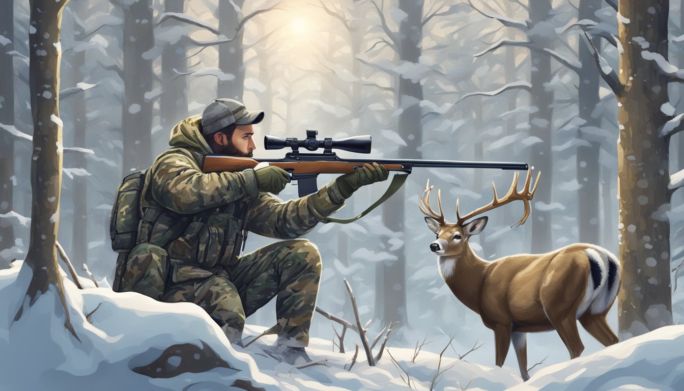 A hunter in camouflage aiming a rifle at a deer in a snowy forest