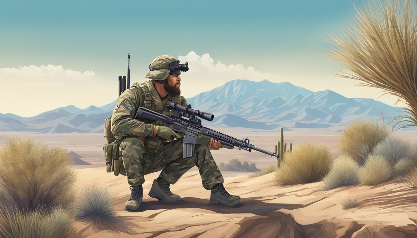 A hunter in camouflage gear holding a rifle, surrounded by desert shrubbery and distant mountains under a clear blue sky