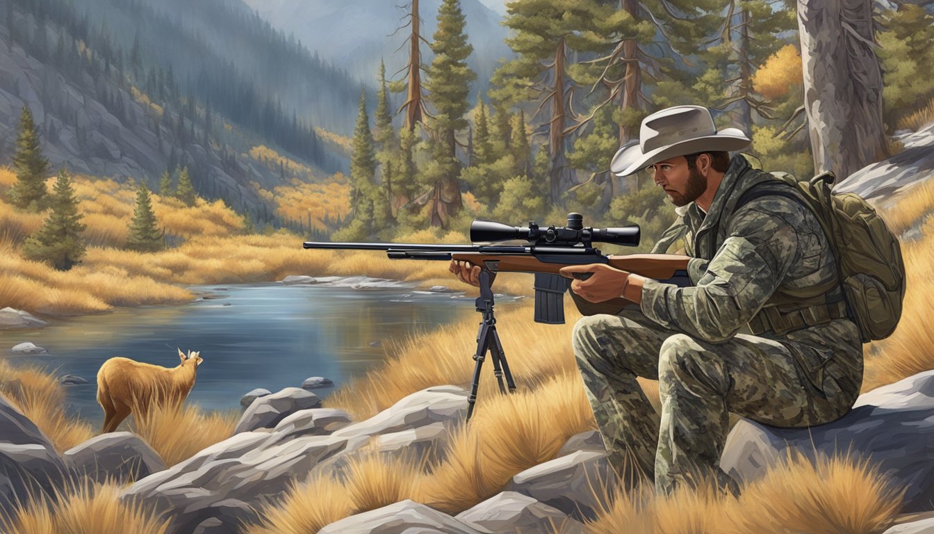 A hunter in camouflage aims a rifle at a distant elk in the Nevada wilderness