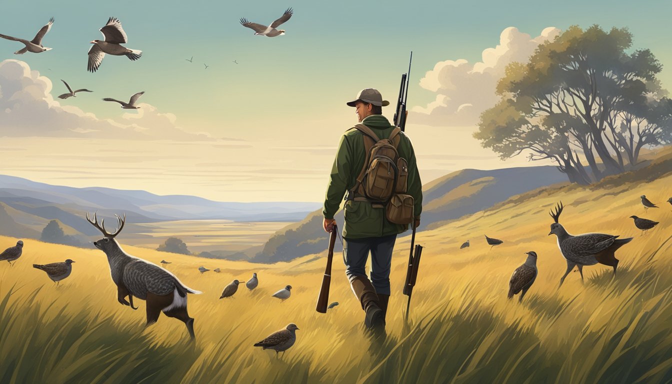 A hunter walking through a grassy upland field with a shotgun, surrounded by small game and upland birds