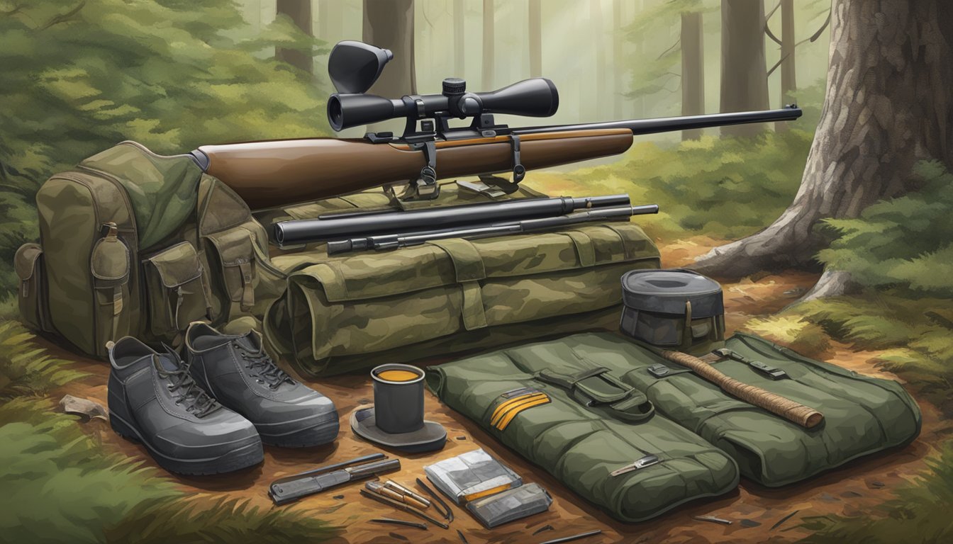 A hunter's gear laid out in a forest clearing, with a rifle, camouflage clothing, and a hunting pack