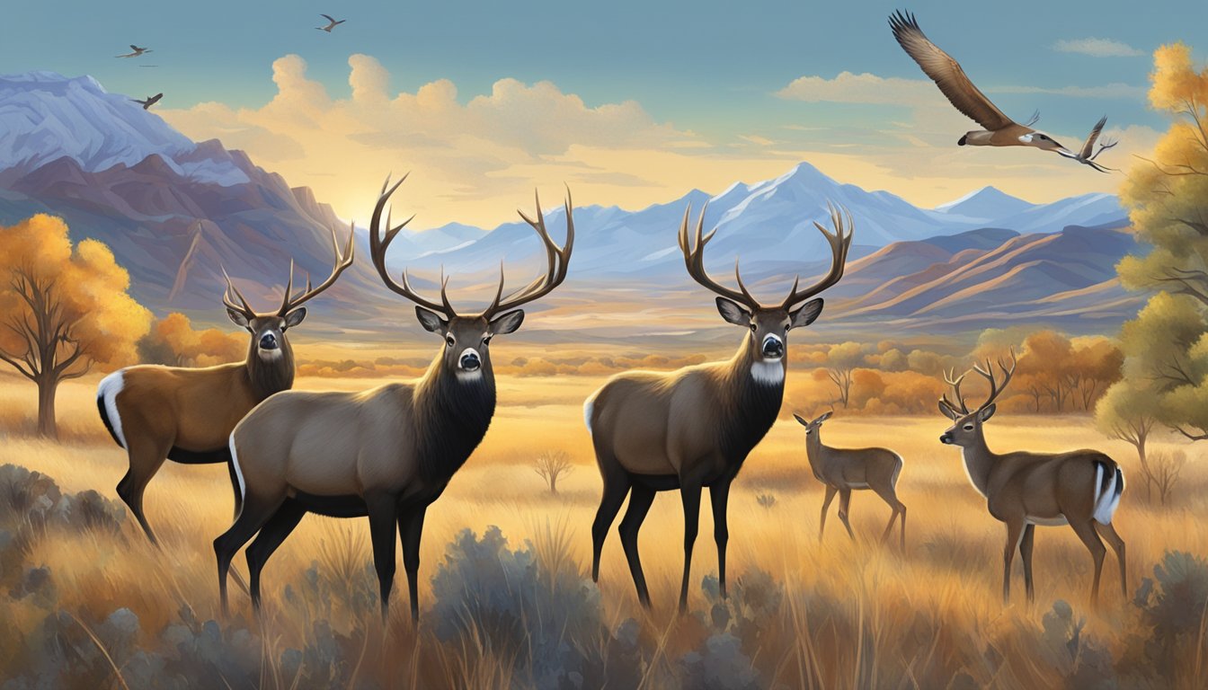 A group of animals in a natural setting, including deer, elk, and birds, with a backdrop of Nevada's diverse landscape