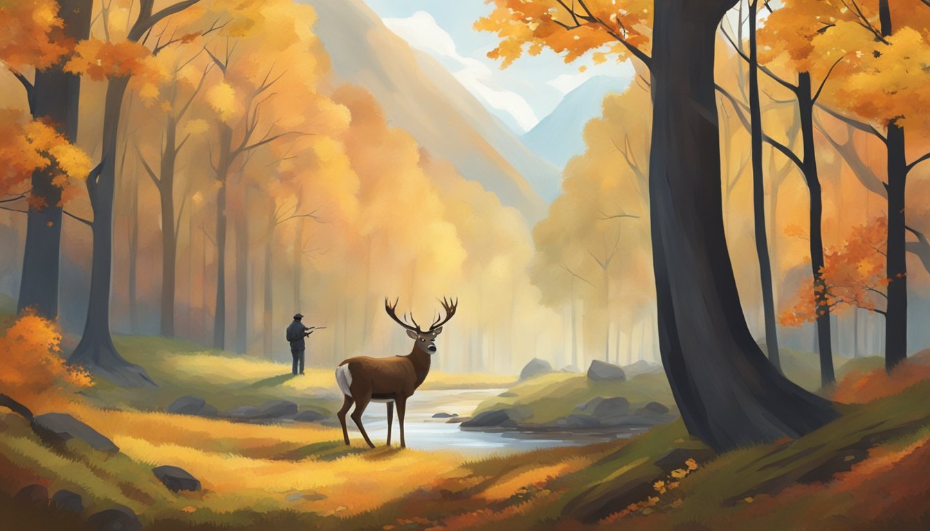 A serene forest clearing with a deer grazing and a hunter standing nearby, surrounded by autumn foliage