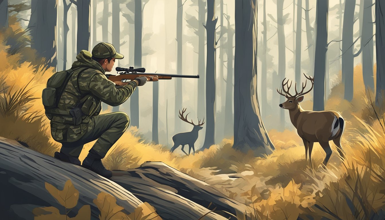 A hunter in camouflage standing in a forest, aiming a rifle at a deer in the distance