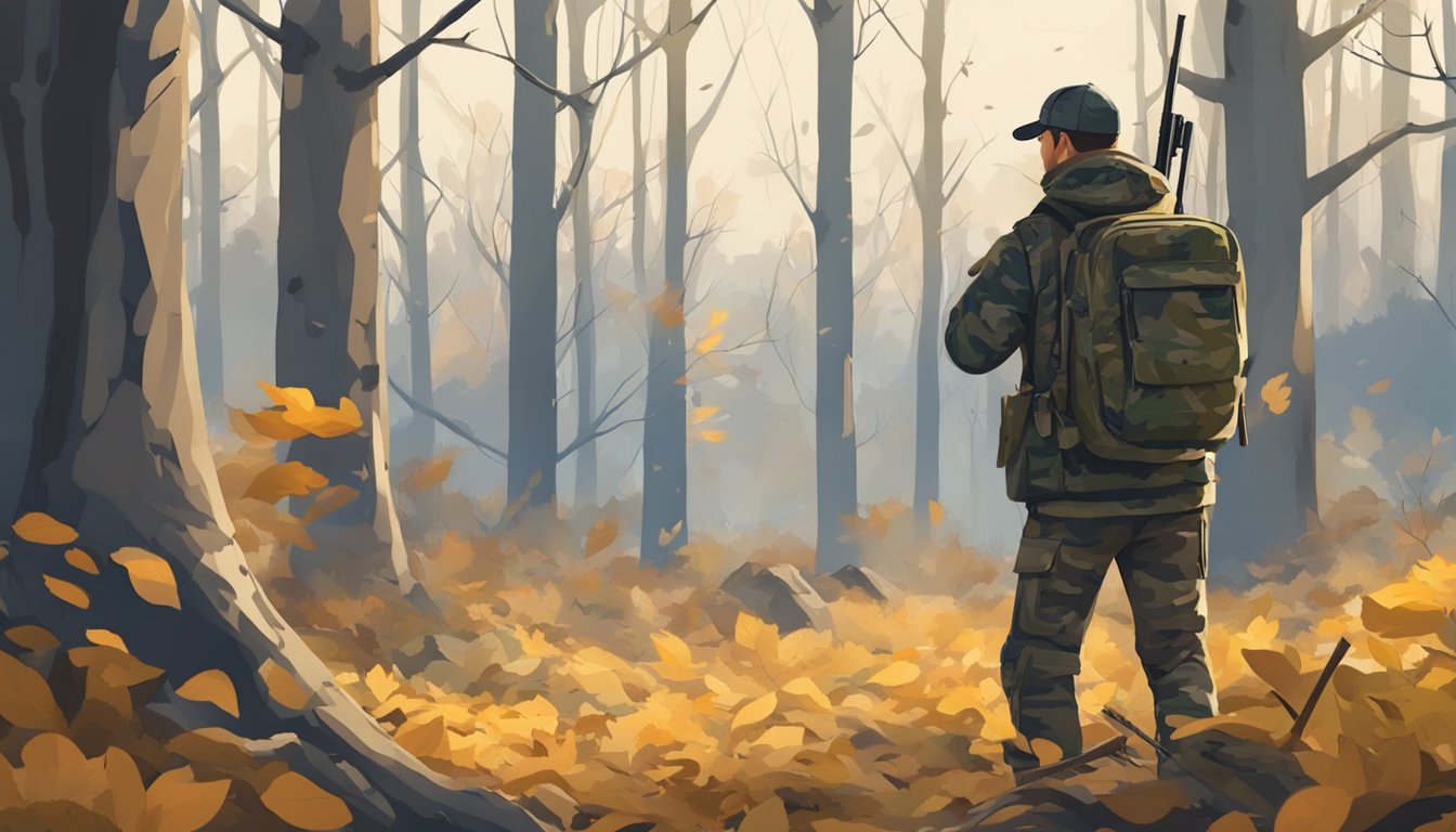 A hunter in camouflage stands in a forest, rifle in hand, scanning the area for game. The trees are bare, and the ground is covered in fallen leaves