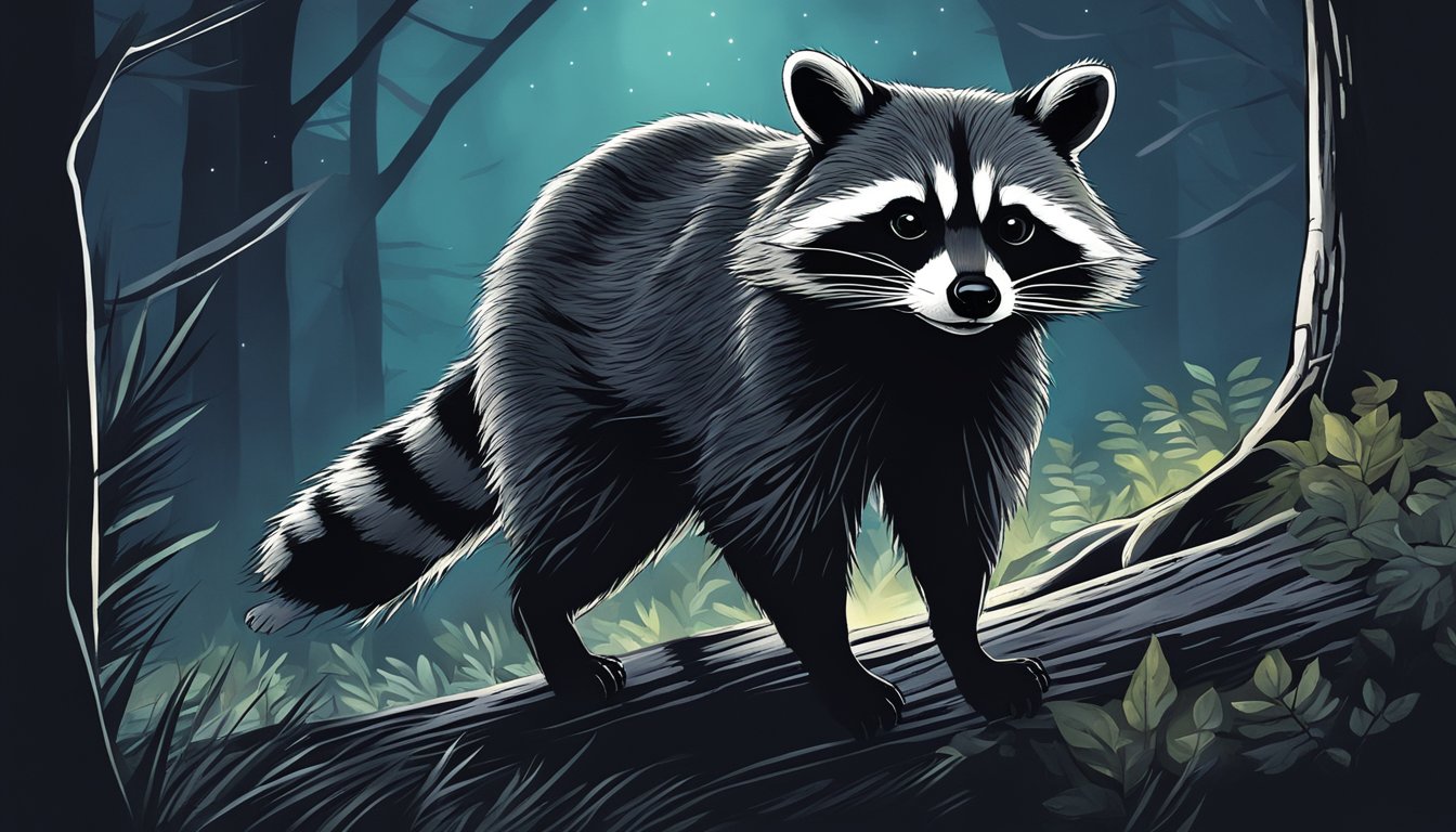 A raccoon sneaking through the woods at night, illuminated by a hunter's flashlight