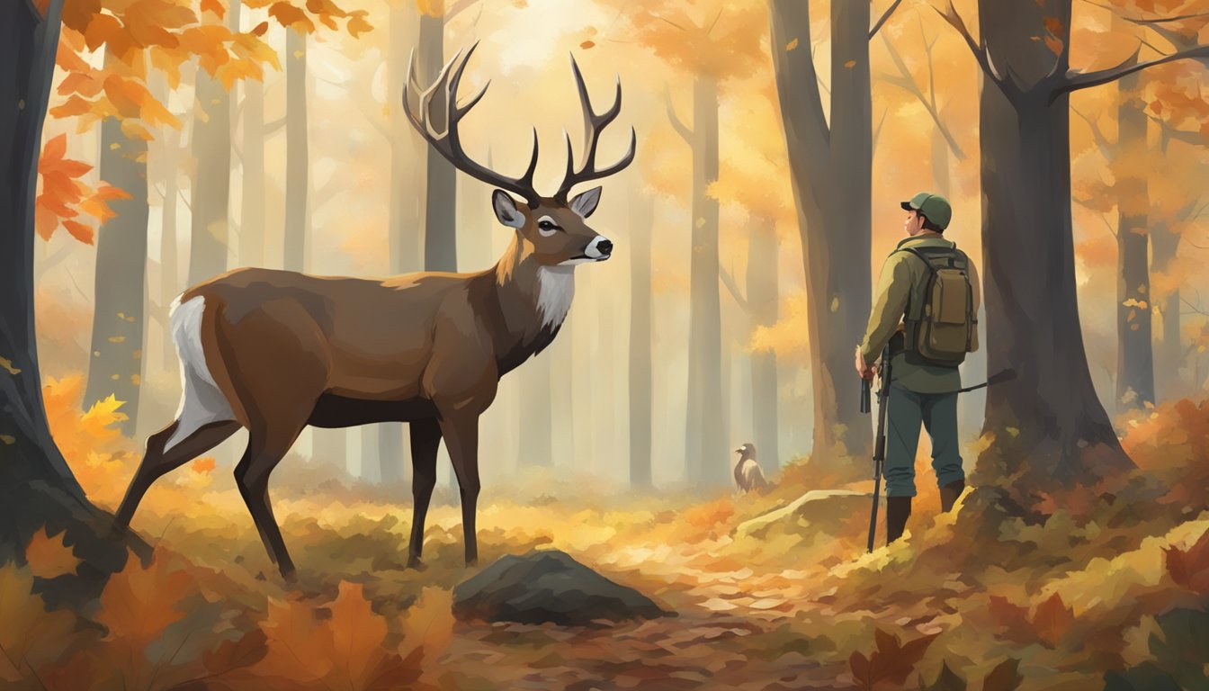 A deer standing in a forest clearing, surrounded by autumn foliage, with a hunter in the background preparing for the hunt