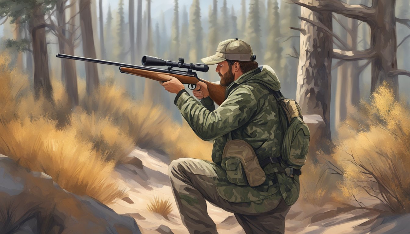 A hunter in camouflage aiming a rifle at a small game or furbearer in the New Mexico wilderness during hunting season