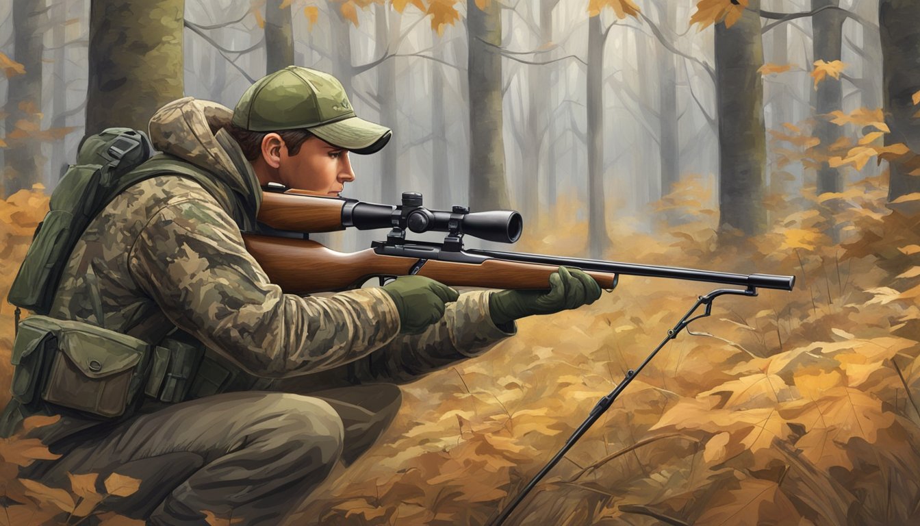 A hunter in camouflage aims a rifle at a small game in a woodland clearing during an Ohio hunting season