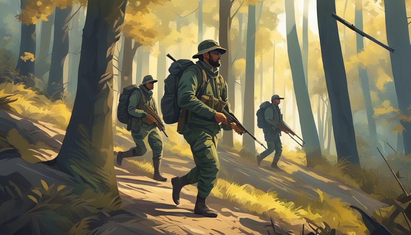 A group of hunters with rifles and camouflage gear trek through a dense forest, with the sun casting long shadows on the ground