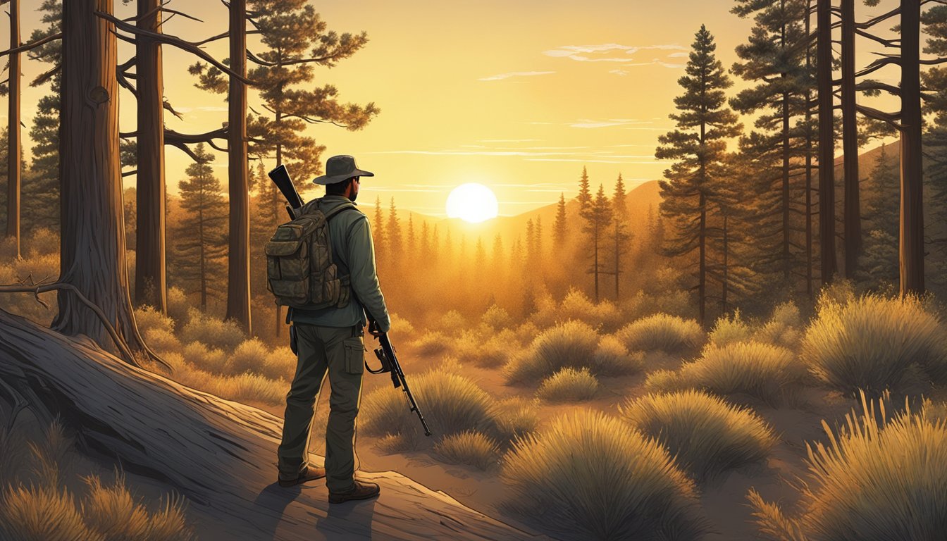 A hunter silently stalks through the dense forest, rifle in hand, as the sun sets over the vast expanse of private land in New Mexico