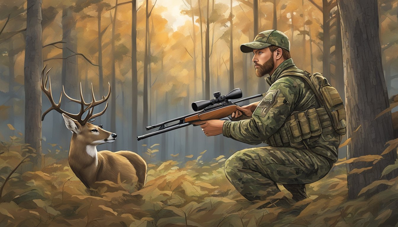 A hunter in camouflage gear aims a rifle at a deer in a forest clearing during Ohio's special hunting season