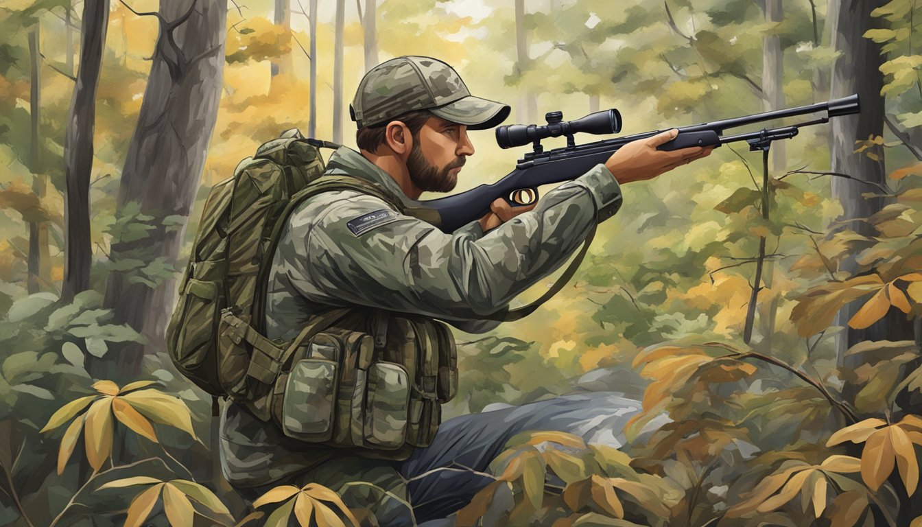 A hunter in camouflage gear with a rifle and binoculars, surrounded by trees and bushes in the North Carolina wilderness during hunting season