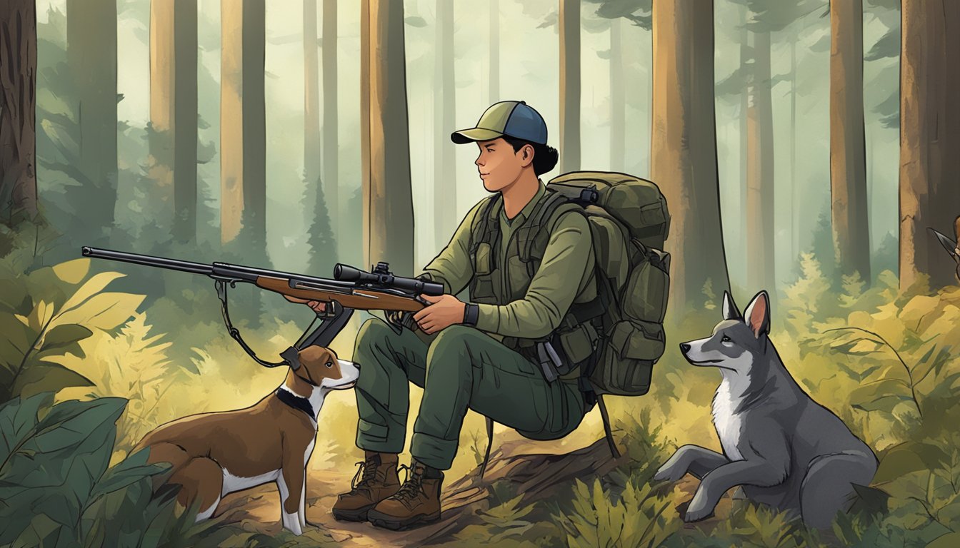 A young person with a disability and a veteran are shown in a forest setting, with hunting gear and rifles, surrounded by wildlife