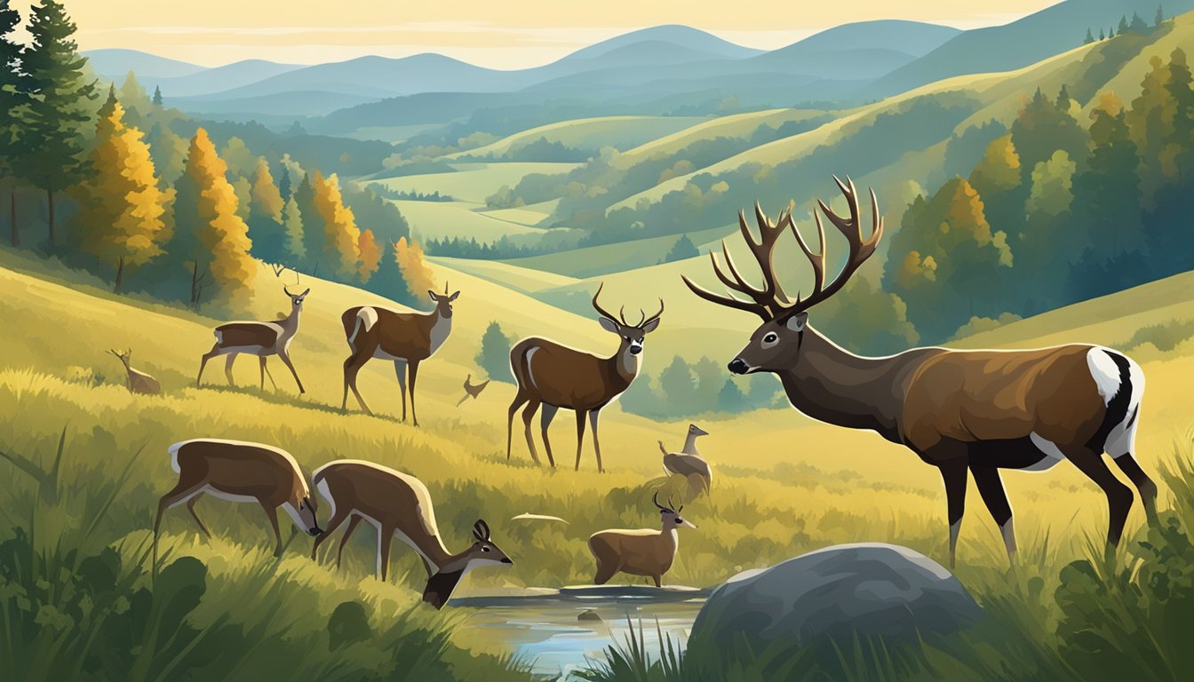 A forested landscape with various wildlife, including deer, turkey, and other game animals, against a backdrop of rolling hills and a clear blue sky