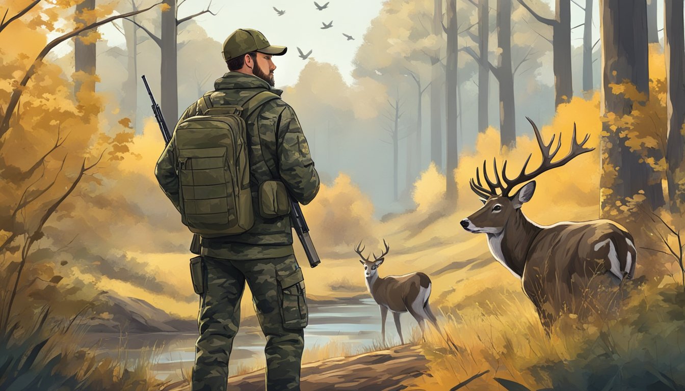 A hunter in camouflage gear stands in a wooded area, rifle in hand. A deer grazes in the distance as birds fly overhead