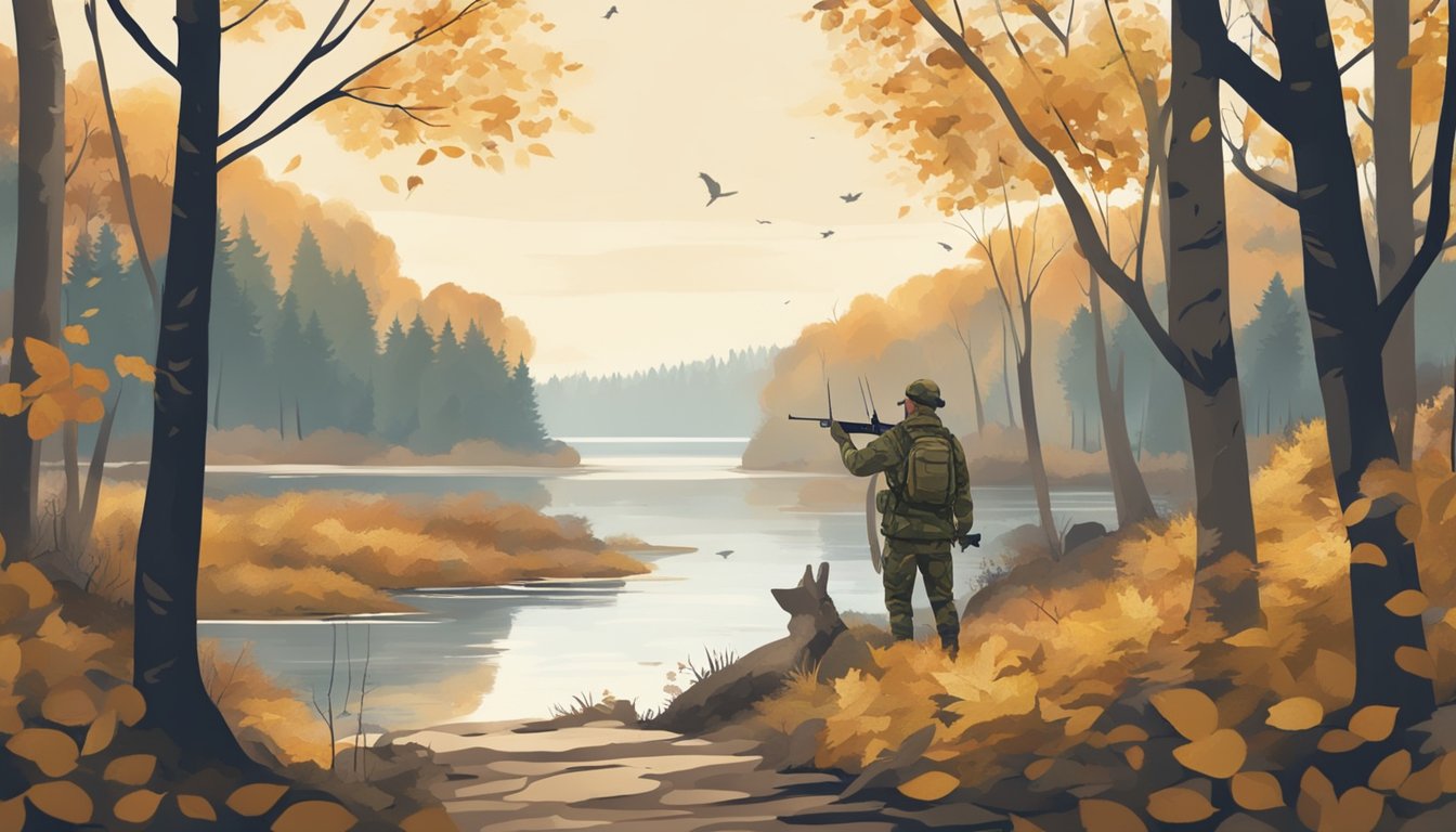 A hunter in camouflage carrying a rifle walks through a wooded area with fallen leaves and a distant view of a lake