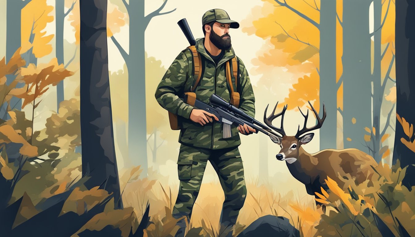 A hunter in camouflage standing in a forest, rifle in hand, with a deer in the distance