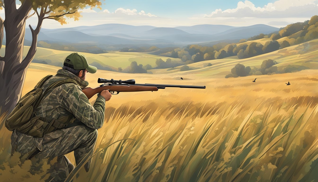 A hunter in camouflage aiming a shotgun at a covey of quail in a grassy field with rolling hills in the background