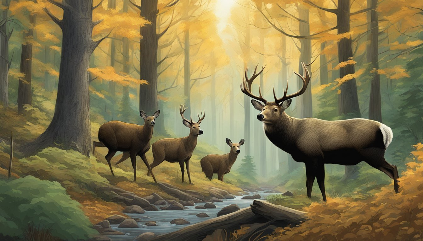 A dense forest with deer, turkey, and bear in a Pennsylvania hunting area during special hunting seasons