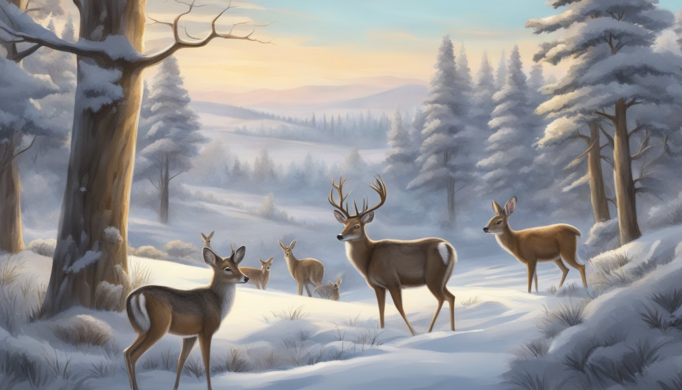 A snowy landscape with trees and bushes, featuring various furbearing and game animals like deer, rabbits, and coyotes