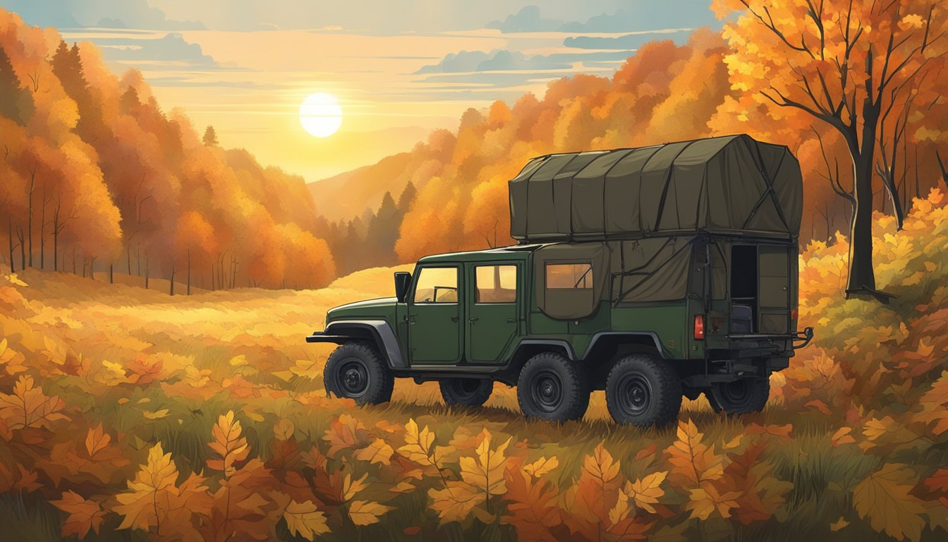 A dense forest with autumn leaves and a hunter's blind, set against a backdrop of rolling hills and a sunrise or sunset sky