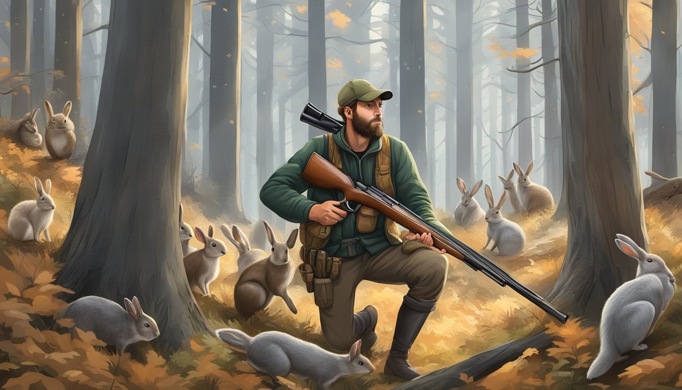 A hunter with a shotgun in a forest, surrounded by small game like rabbits and squirrels