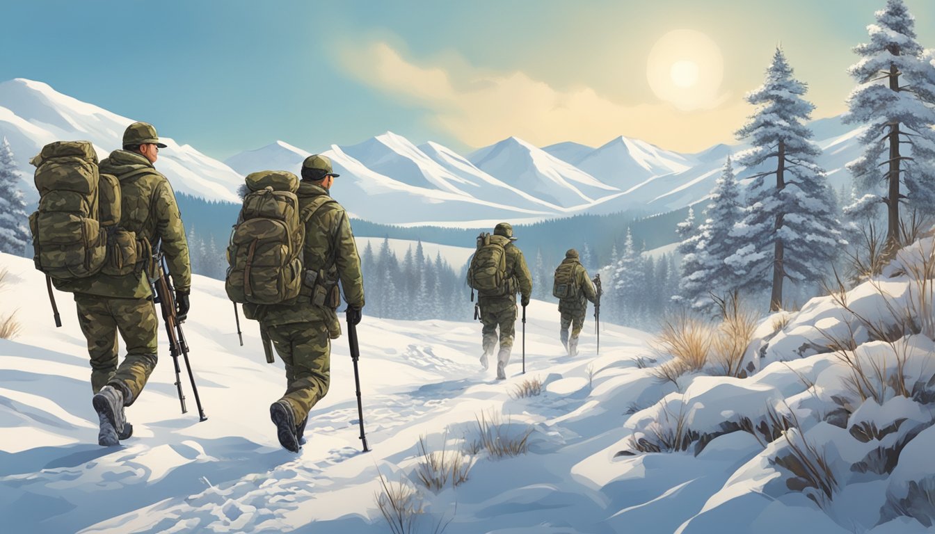 A group of hunters in camouflage gear and carrying rifles trek through a snowy forest, with a backdrop of rolling hills and a clear blue sky