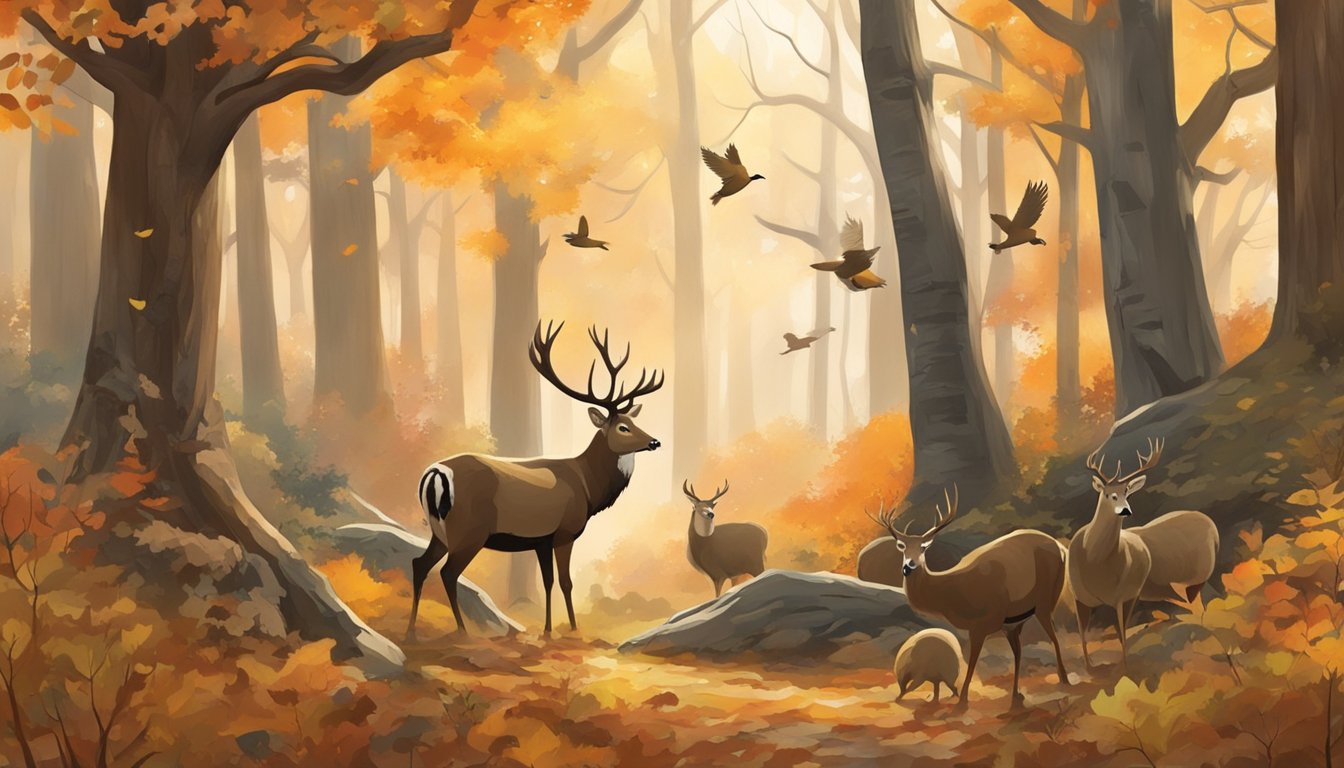 A woodland scene with trees in autumn colors, a hunter in camouflage, and various wildlife such as deer and turkey