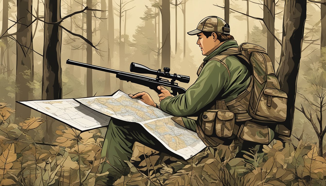 A hunter in camouflage with a rifle, surrounded by trees and wildlife, checking a map for south carolina hunting seasons