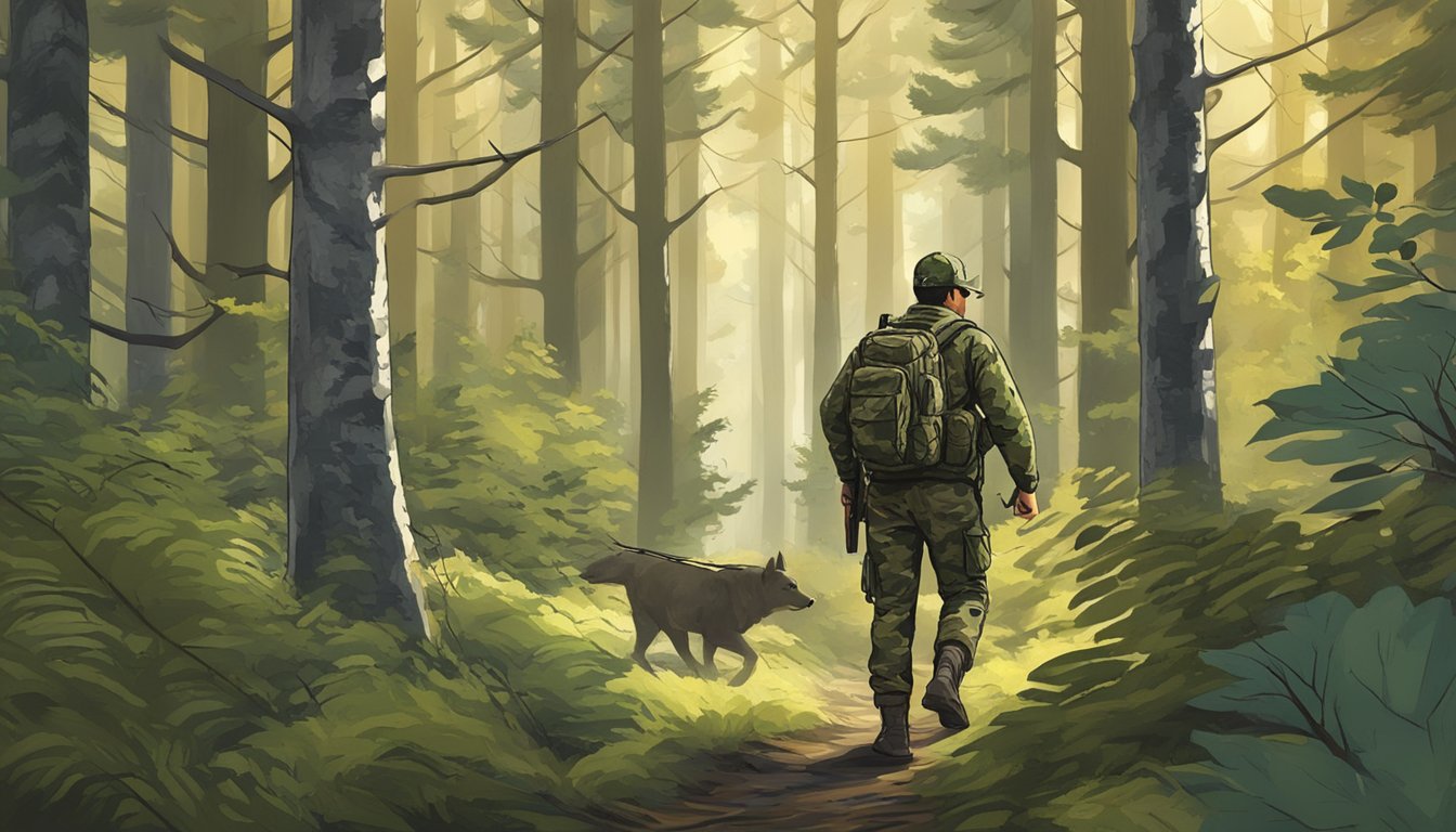 A forested landscape with a hunter in camouflage, carrying a rifle, tracking through the woods during hunting season in Oregon